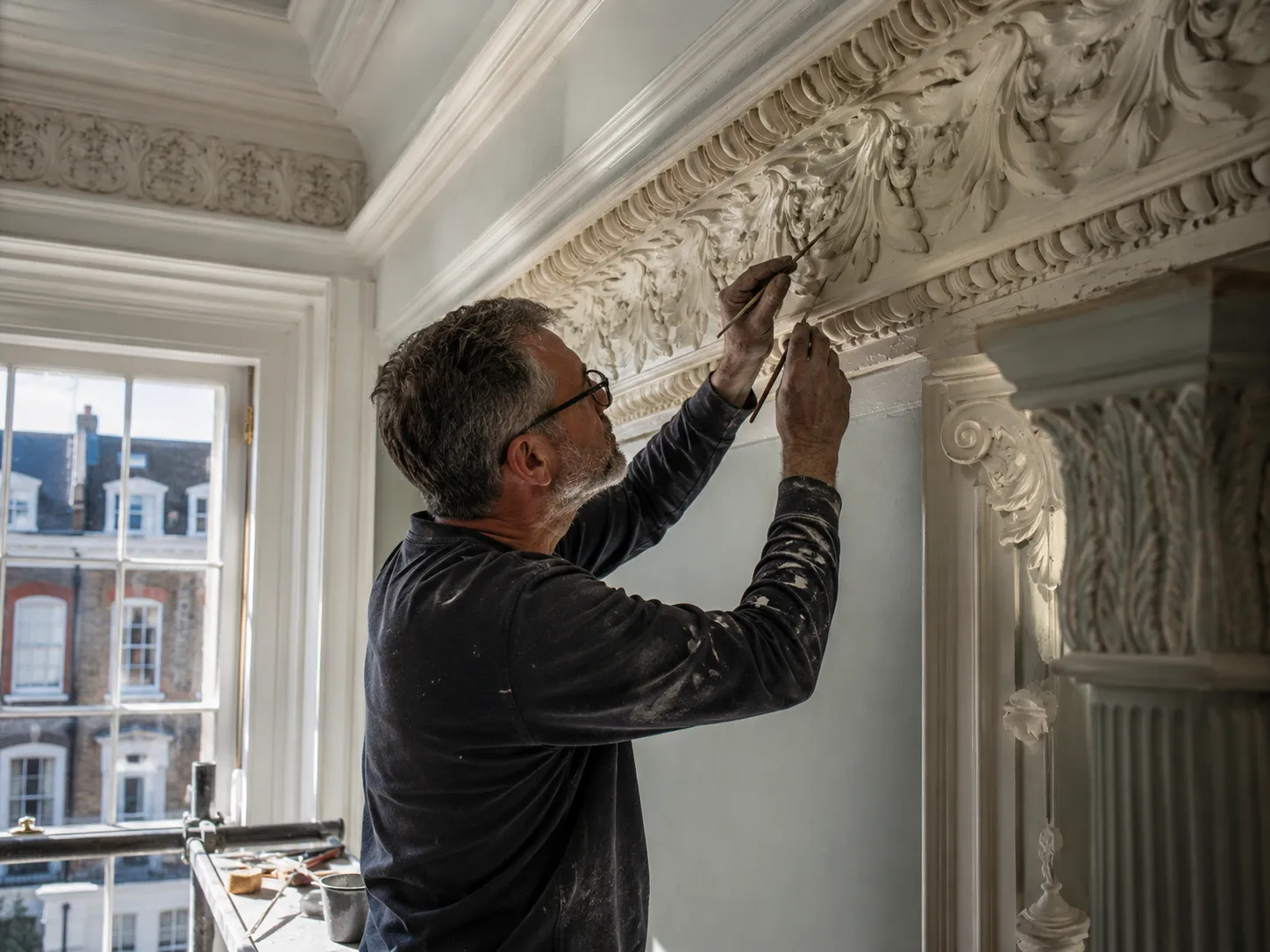 A professional craftsman meticulously restoring period features UK plaster cornices in a historic home.