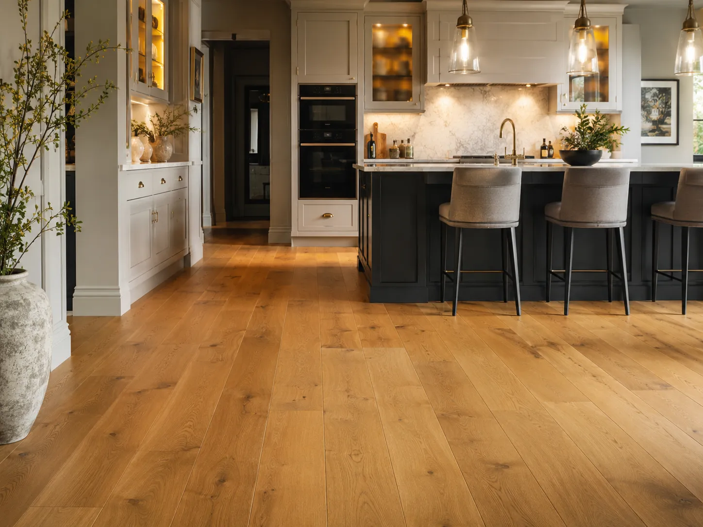 A beautiful modern kitchen showcasing the latest trends, kitchen flooring ideas featuring warm engineered oak planks.