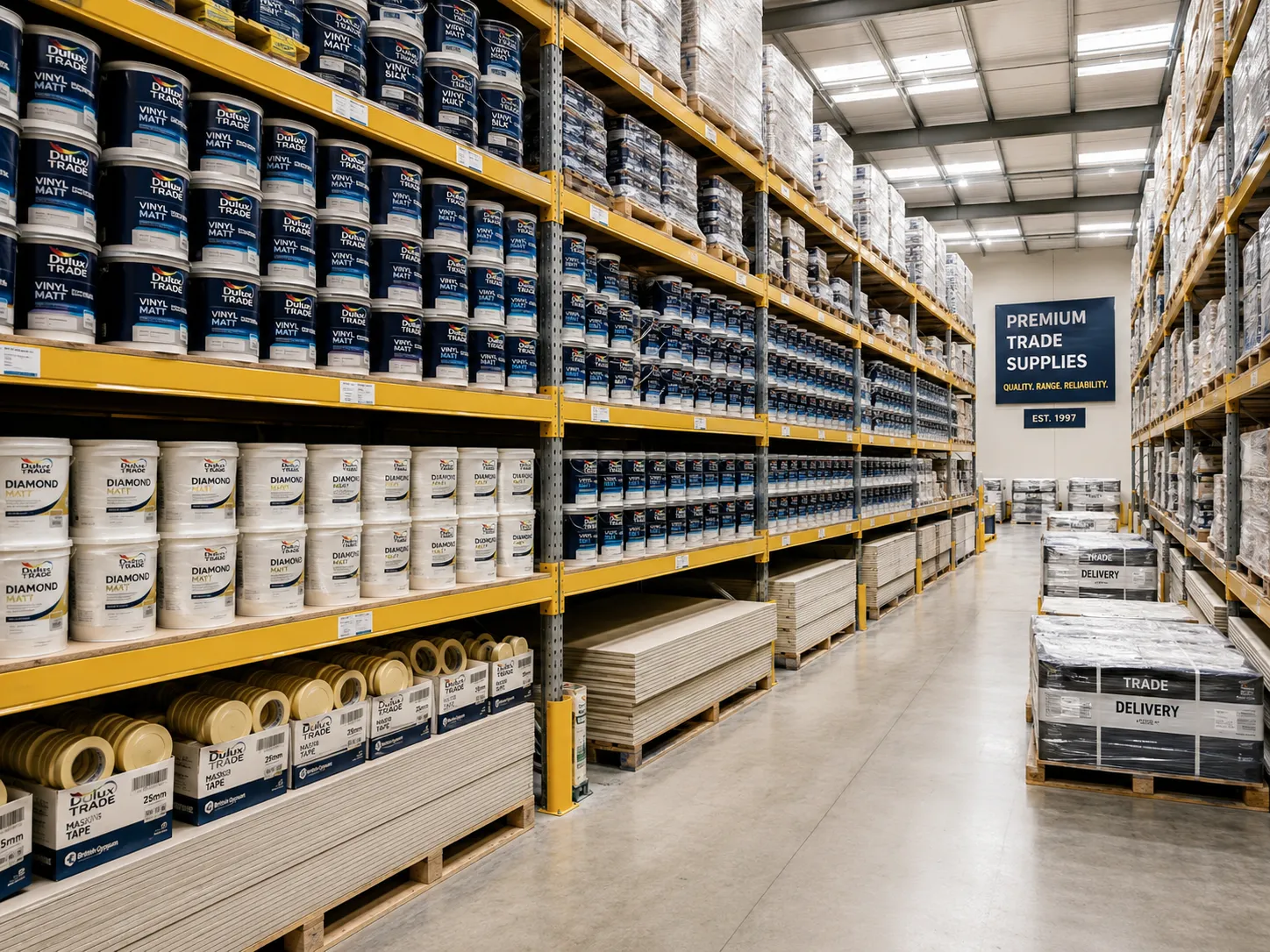 A well-stocked local warehouse storing premium kitchen paints and renovation materials.