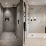 A visual comparison showing the design differences between a wet room vs walk-in shower layout.