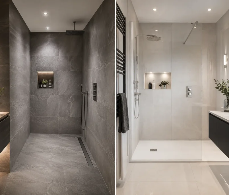 A visual comparison showing the design differences between a wet room vs walk-in shower layout.