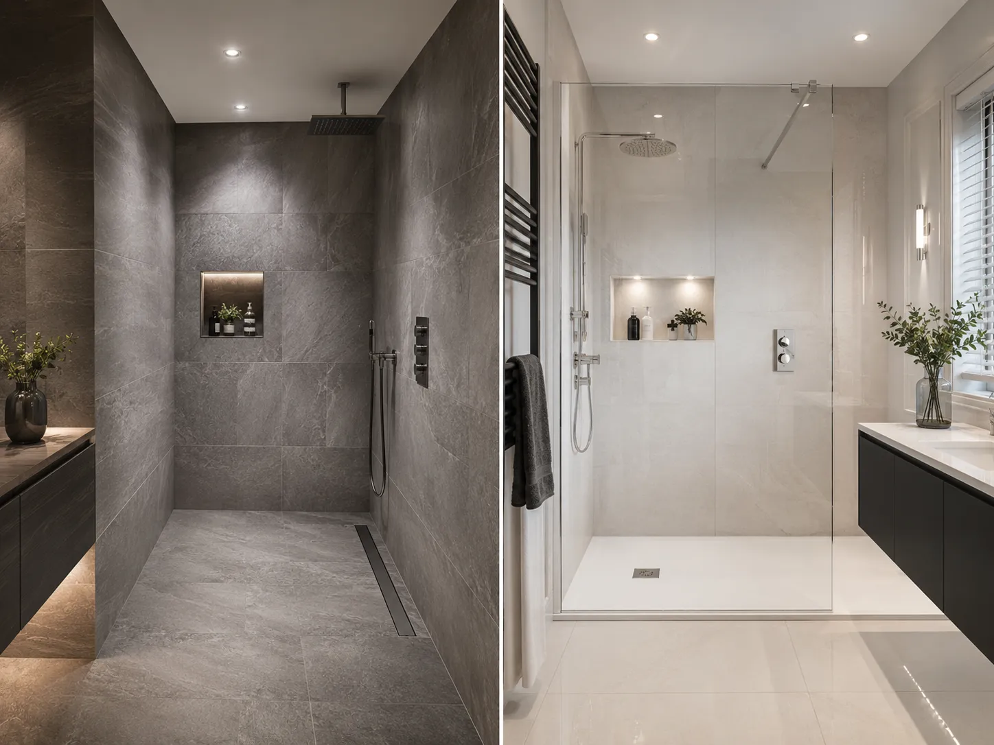 A visual comparison showing the design differences between a wet room vs walk-in shower layout.
